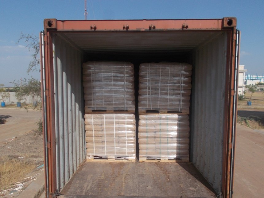 Container loaded with palletised bags at our plant