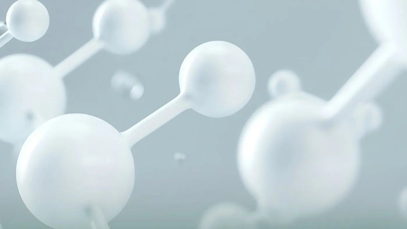 A white 3D illustration of molecules, spheres joined by rods