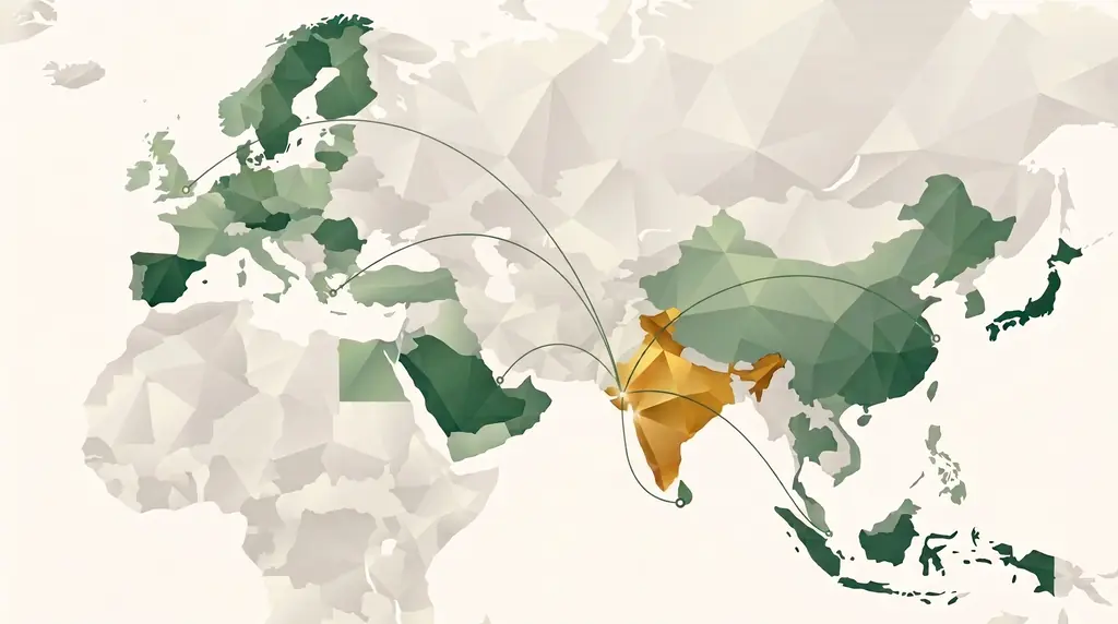 Routes from our factory in India to the Gulf, Europe and Asia