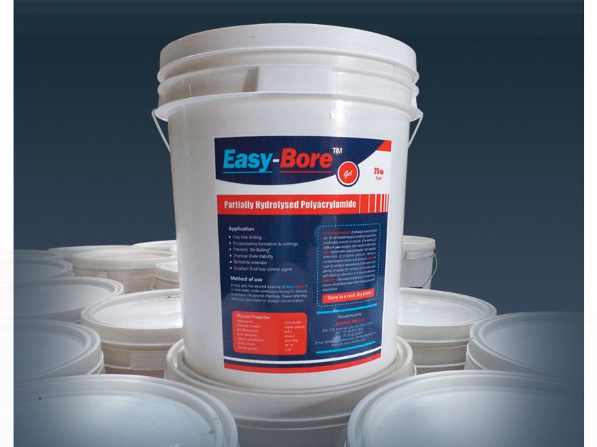 A pail of Easy-Bore™ gel, partially hydrolysed polyacrylamide, among stacked pails
