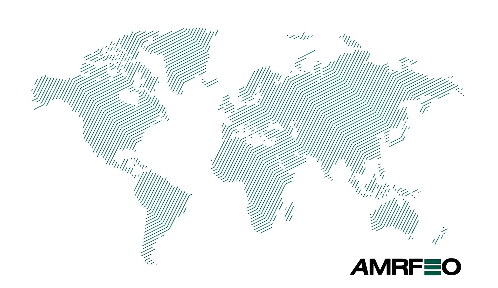 World map in dotted green, with the Amrfeo wordmark
